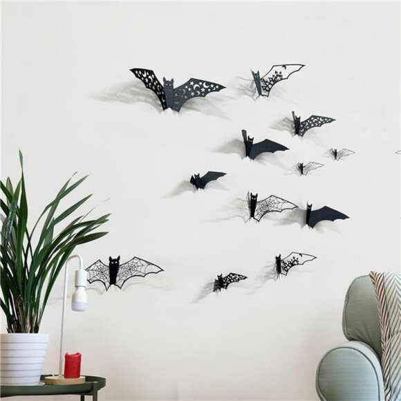 24Pcs Large Halloween Bats Decorations - 3D Self-Adhesive PVC Scary Wall Decor - Picture 5 of 8